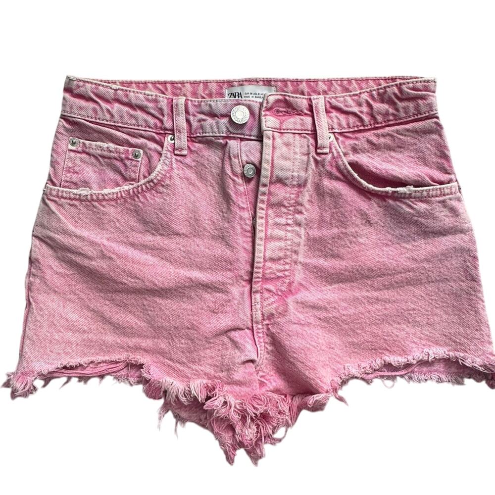 Zara Pink High Rise Womens Denim Raw Hem Cut Off Shorts Sz 6